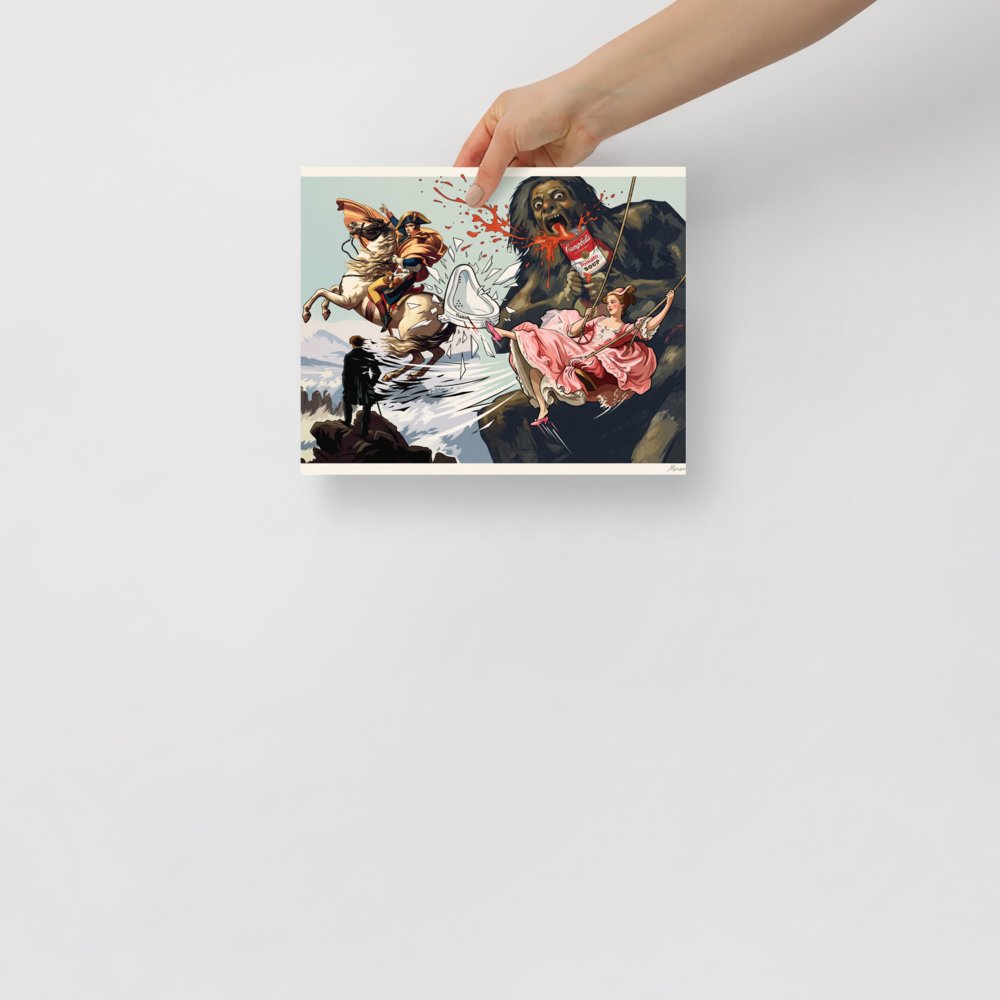 A humorous pop art illustration depicting Goya's Saturn drinking Campbell's Tomato Soup alongside Fragonard's swing lady kicking Duchamp's urinal, ideal for a game room. A Pop art print with a digital art look, titled 'Saturn's Soup'.