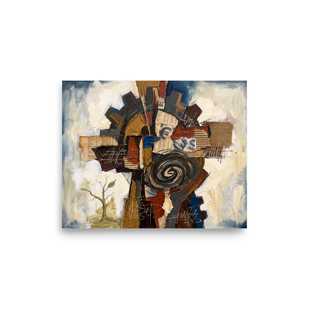The Dau-al-Set print 'The Cogwheel Assemblage'. A textured mixed-media assemblage depicting an industrial cogwheel, spiral, burlap, and cardboard collage over creamy oil paint, perfect for an office or studio.