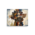 The Dau-al-Set print 'The Cogwheel Assemblage'. A textured mixed-media assemblage depicting an industrial cogwheel, spiral, burlap, and cardboard collage over creamy oil paint, perfect for an office or studio.