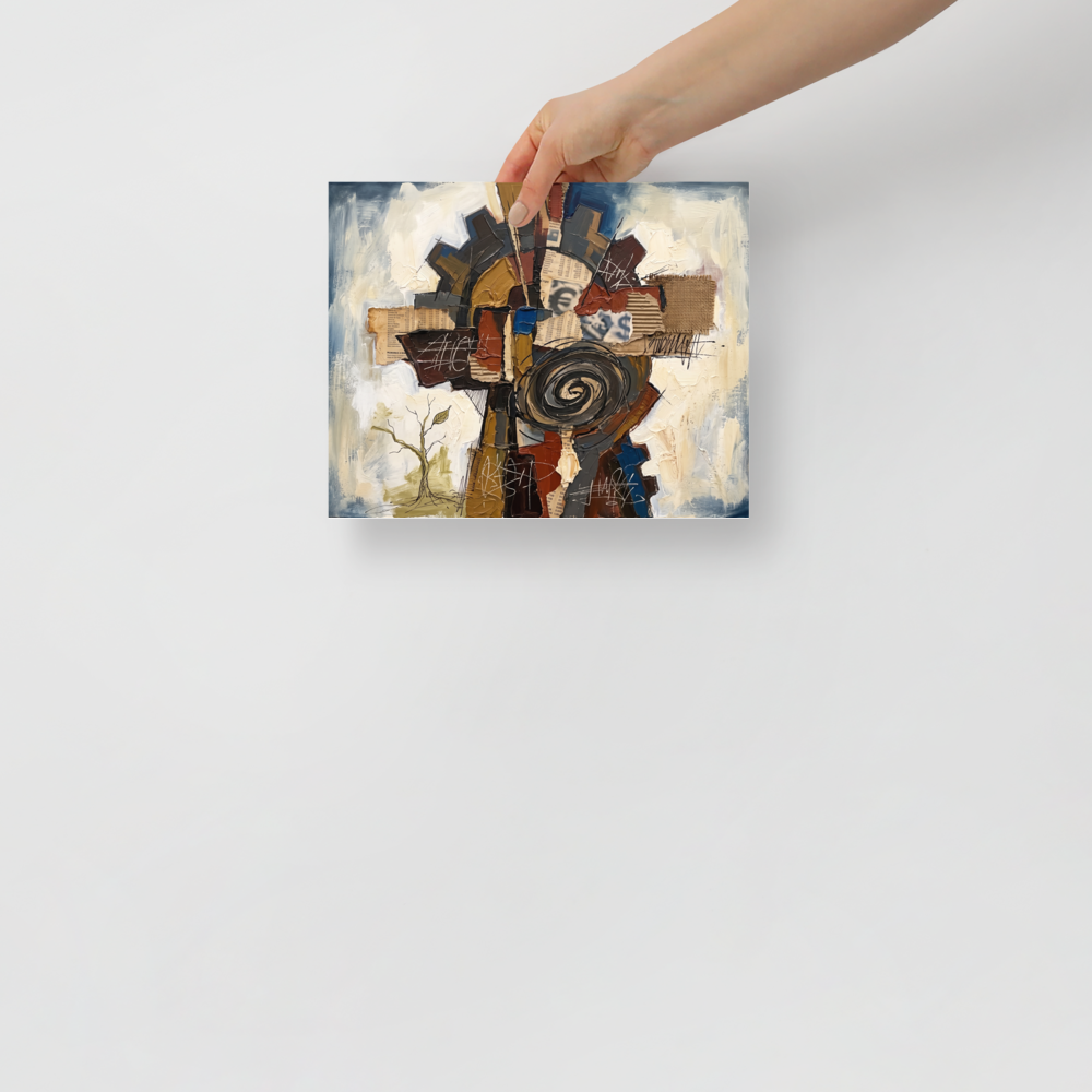A textured mixed-media assemblage depicting an industrial cogwheel, spiral, burlap, and cardboard collage over creamy oil paint, perfect for an office or studio. A Dau-al-Set print with a papier collé look, titled 'The Cogwheel Assemblage'.