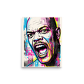 'Unfiltered Fury'. A vibrant pop art portrait of Samuel L. Jackson shouting passionately with cyan and magenta halftones, perfect for a Home Theater / Cinema wall. Offered as a Pop art print.