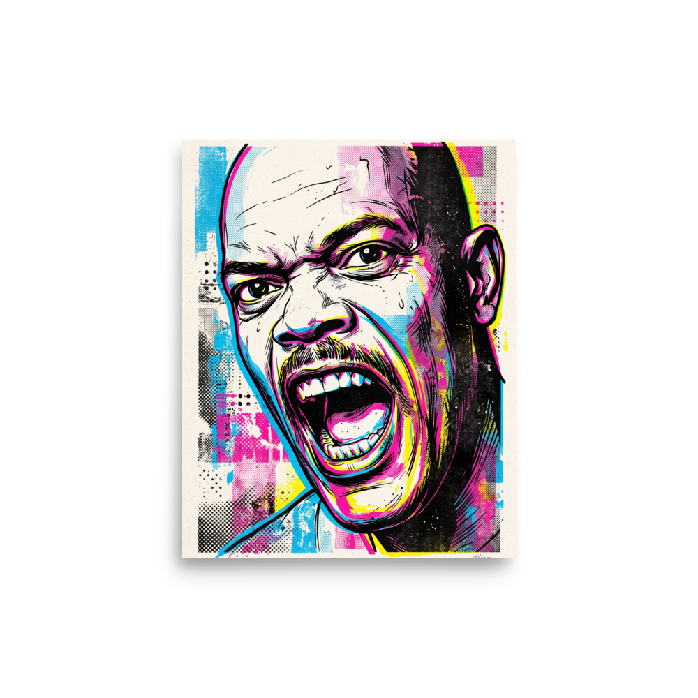'Unfiltered Fury'. A vibrant pop art portrait of Samuel L. Jackson shouting passionately with cyan and magenta halftones, perfect for a Home Theater / Cinema wall. Offered as a Pop art print.