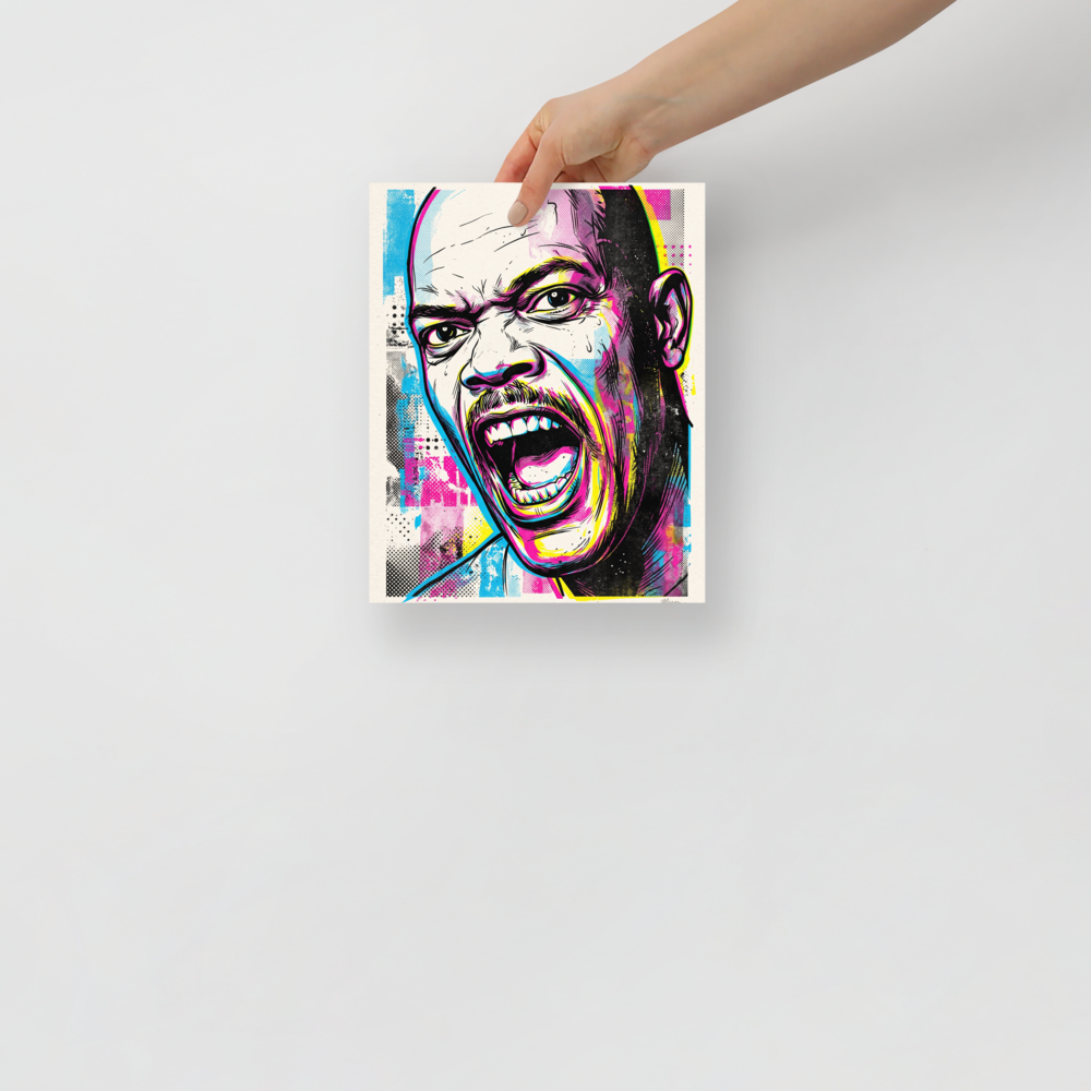 Wall art print 'Unfiltered Fury' in a Pop art style. A vibrant pop art portrait of Samuel L. Jackson shouting passionately with cyan and magenta halftones, perfect for a Home Theater / Cinema wall.