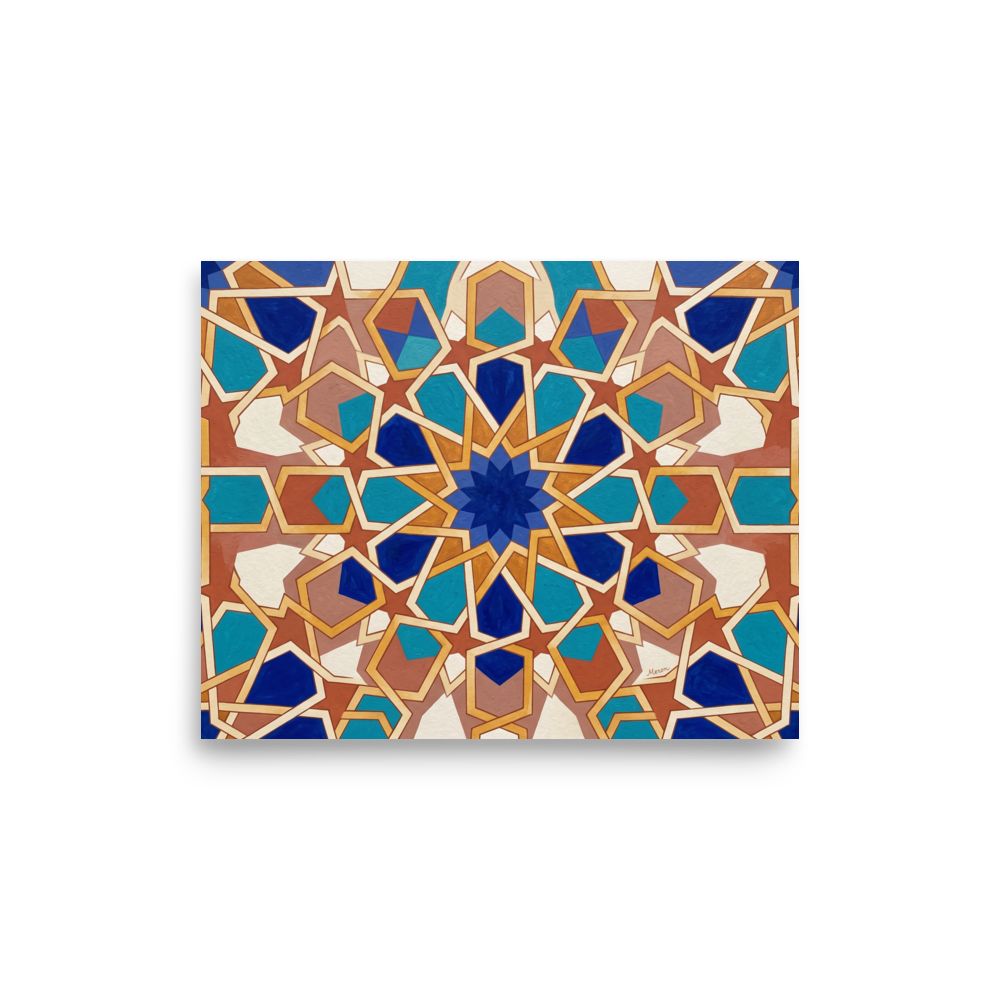 Intricate Moorish geometric star pattern with interlocking blue and gold tiles, ideal for a living room. Shown here as the Arabesque print 'The Andalusian Star'.