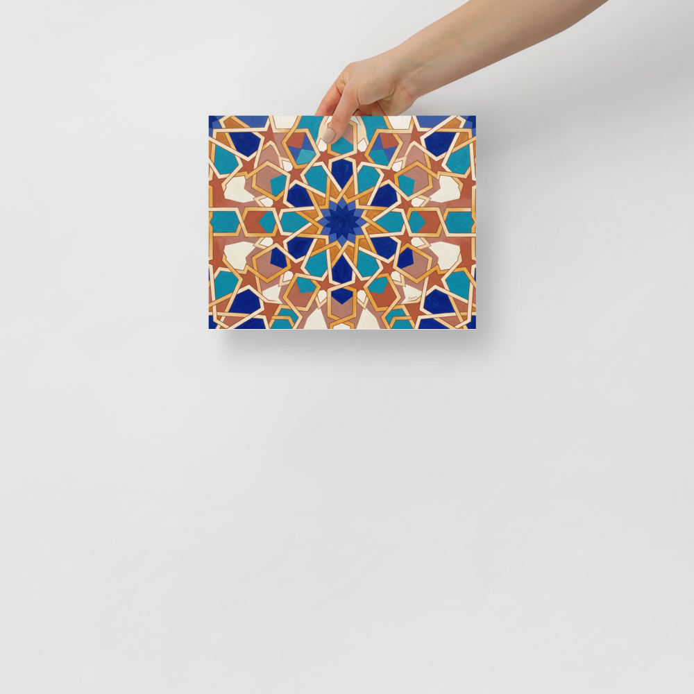 A intricate / ornate Arabesque print, 'The Andalusian Star'. Intricate Moorish geometric star pattern with interlocking blue and gold tiles, ideal for a living room.