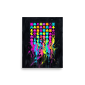 The Pixel art print 'Meltdown Arcade'. Vibrant retro 8-bit pixel game characters melting into neon cyan and magenta paint drips on a black canvas for a game room or studio decor.