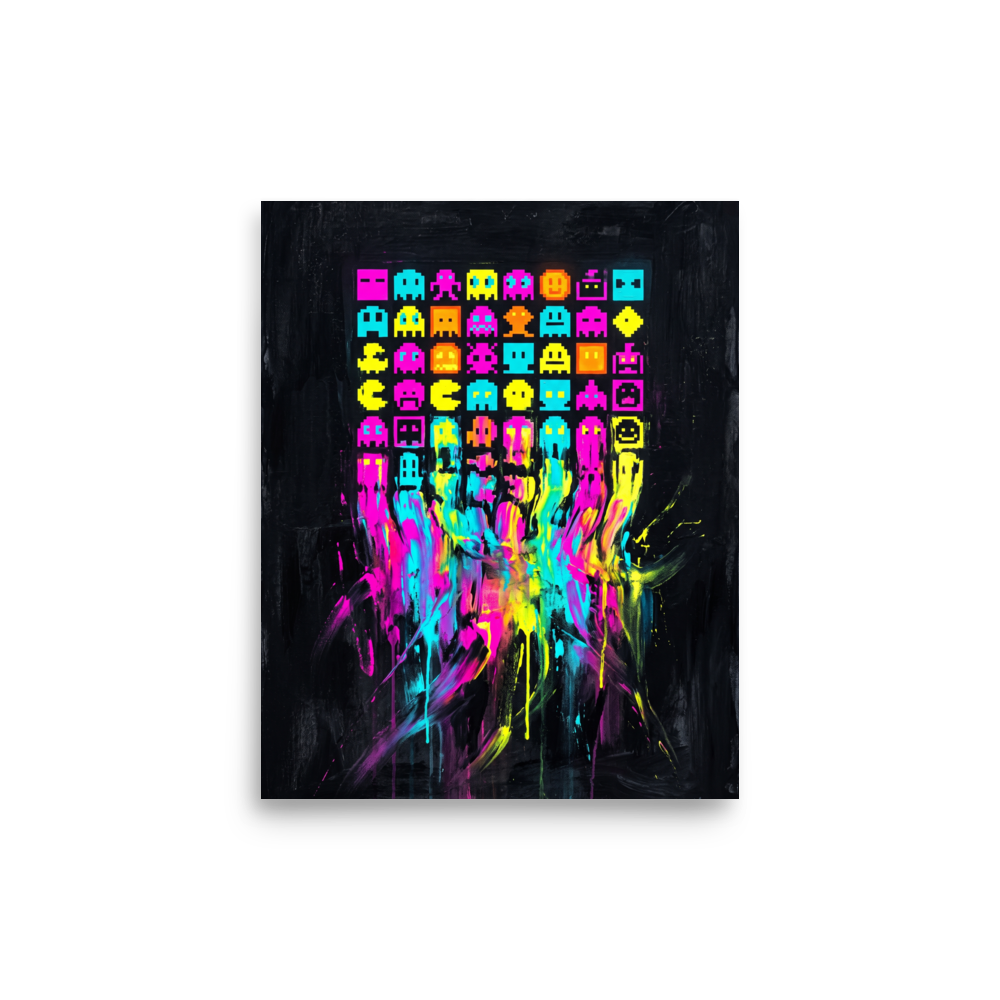 The Pixel art print 'Meltdown Arcade'. Vibrant retro 8-bit pixel game characters melting into neon cyan and magenta paint drips on a black canvas for a game room or studio decor.