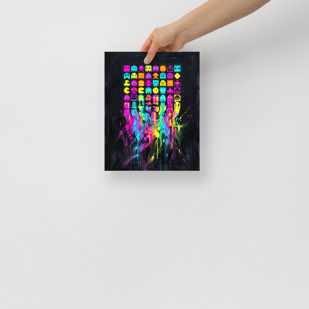 'Meltdown Arcade' by Meron. Vibrant retro 8-bit pixel game characters melting into neon cyan and magenta paint drips on a black canvas for a game room or studio decor. A Pixel art wall art print.