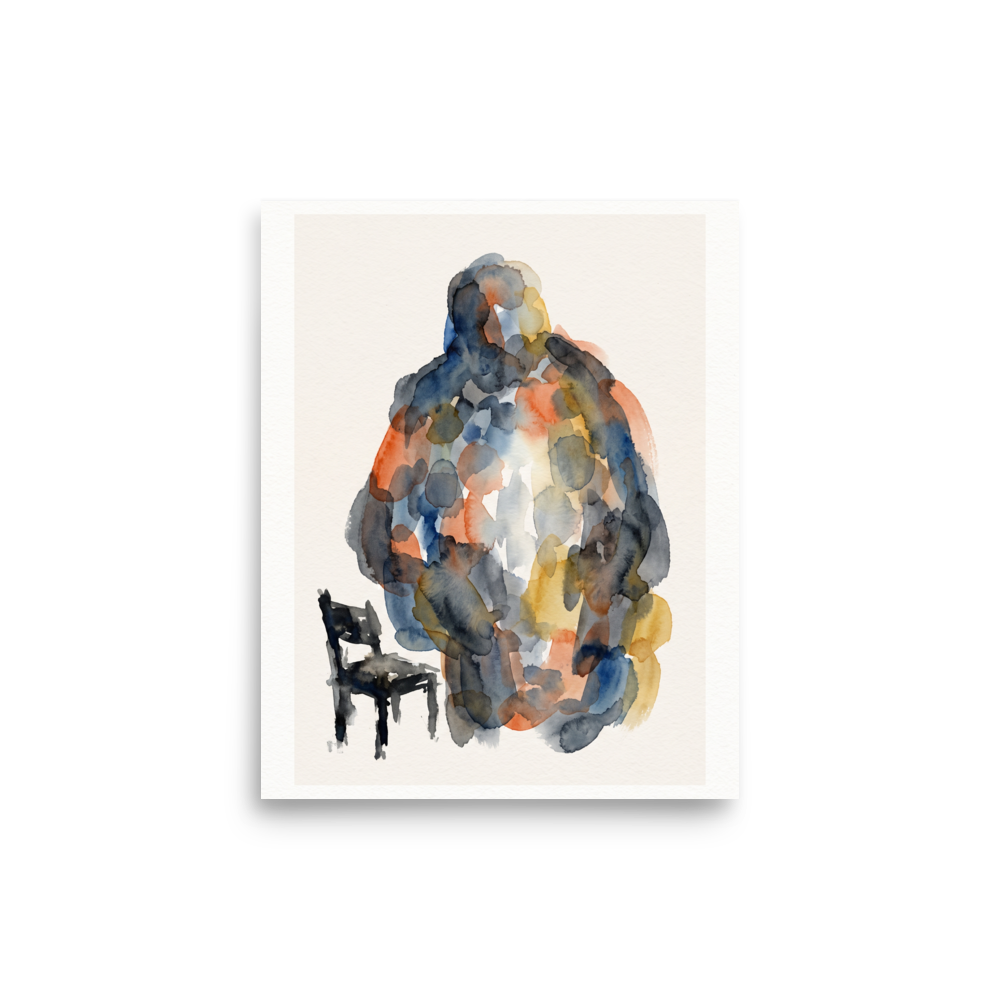 An abstract watercolor painting featuring a large standing human figure made of blue and orange washes next to a small black chair, suitable for a study. A calmness piece titled 'Presence and Absence'.
