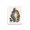 An abstract watercolor painting featuring a large standing human figure made of blue and orange washes next to a small black chair, suitable for a study. A calmness piece titled 'Presence and Absence'.