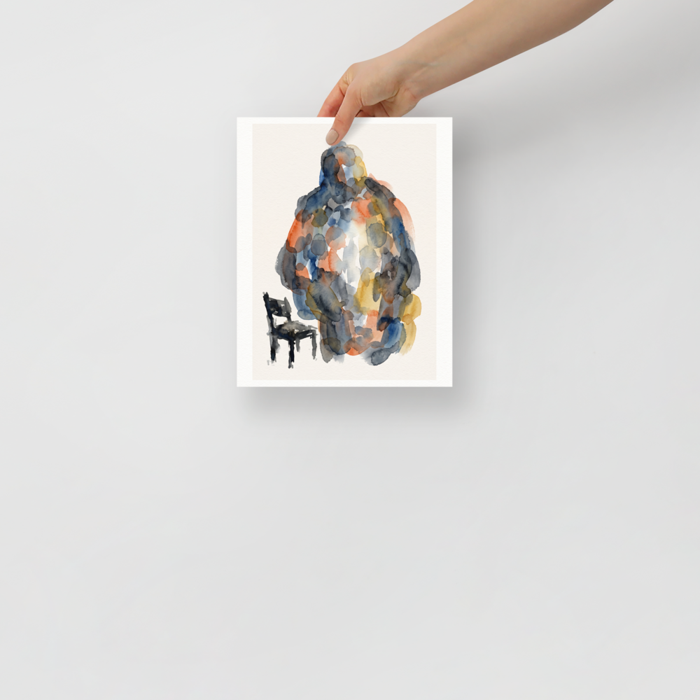 An abstract watercolor painting featuring a large standing human figure made of blue and orange washes next to a small black chair, suitable for a study. 'Presence and Absence', a Expressionism print for the wall.