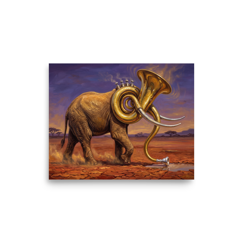 'The Savanna Sousaphone'. A striking surrealist oil painting of an African elephant with a sousaphone head in the desert, ideal for a modern living room. Offered as a Surrealism print.