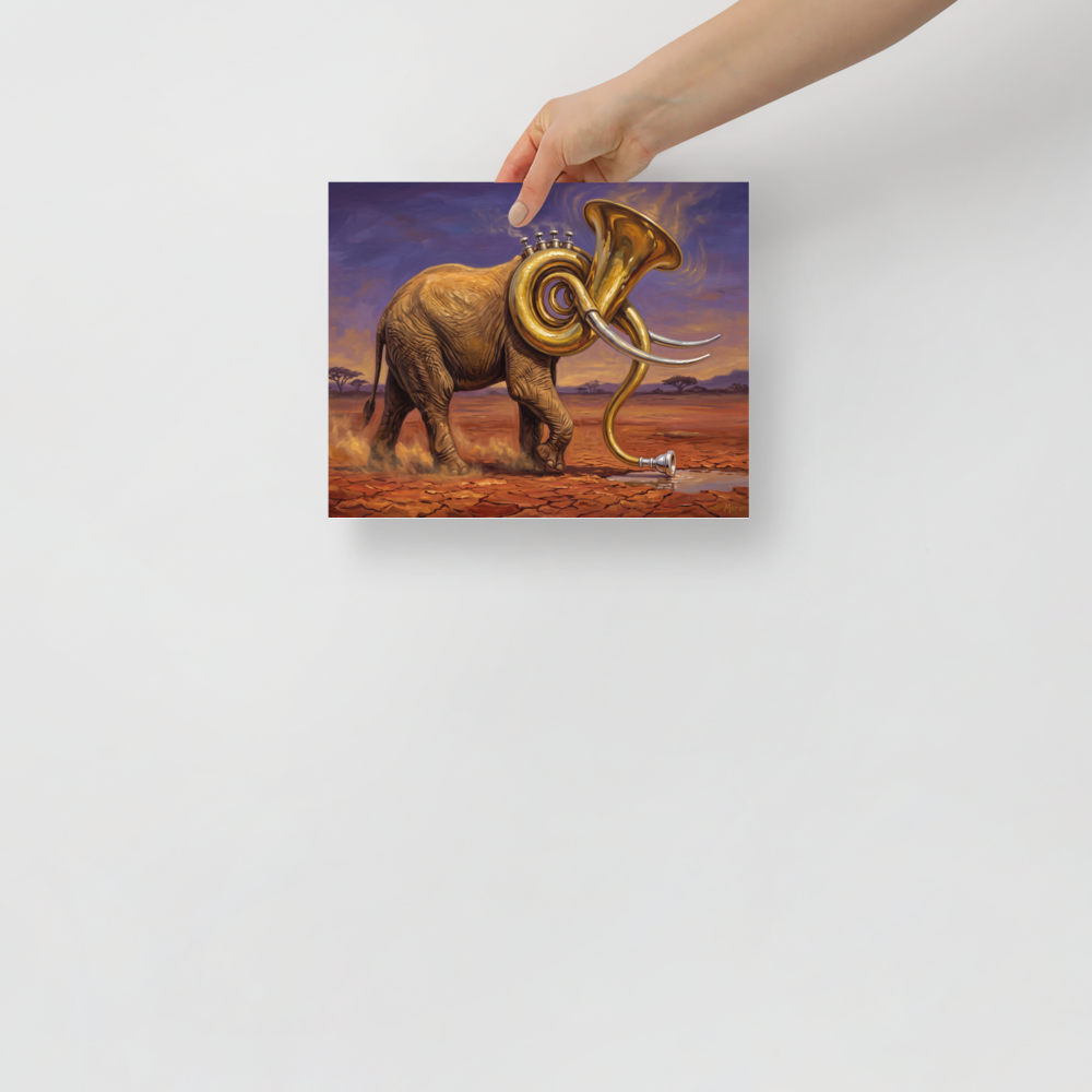 Surrealism wall art exploring music, 'The Savanna Sousaphone'. A striking surrealist oil painting of an African elephant with a sousaphone head in the desert, ideal for a modern living room.