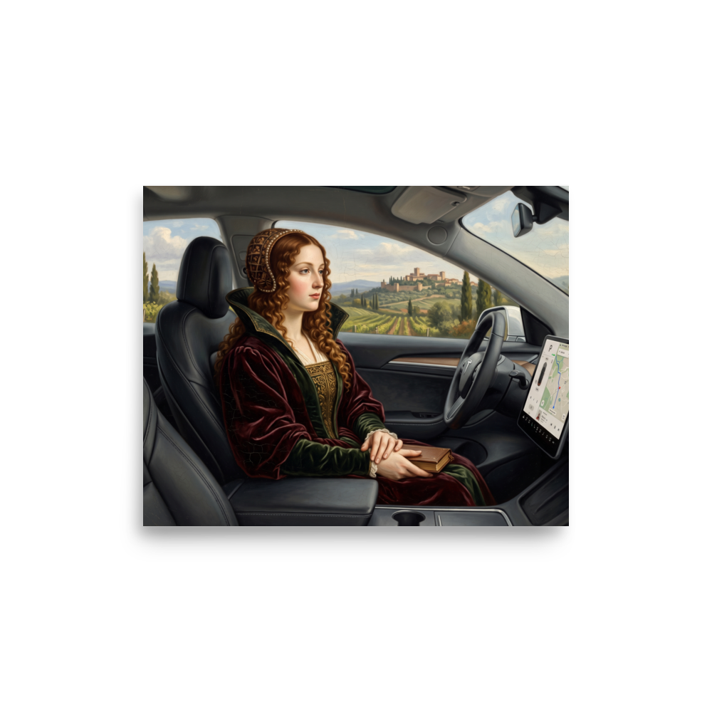 Fine art print 'Autopilot in Tuscany' in a Renaissance style. An oil painting of a Renaissance noblewoman sitting in the passenger seat of a modern electric car with a navigation screen overlooking Tuscan vineyards, fitting for a living room or office.