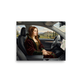 Fine art print 'Autopilot in Tuscany' in a Renaissance style. An oil painting of a Renaissance noblewoman sitting in the passenger seat of a modern electric car with a navigation screen overlooking Tuscan vineyards, fitting for a living room or office.