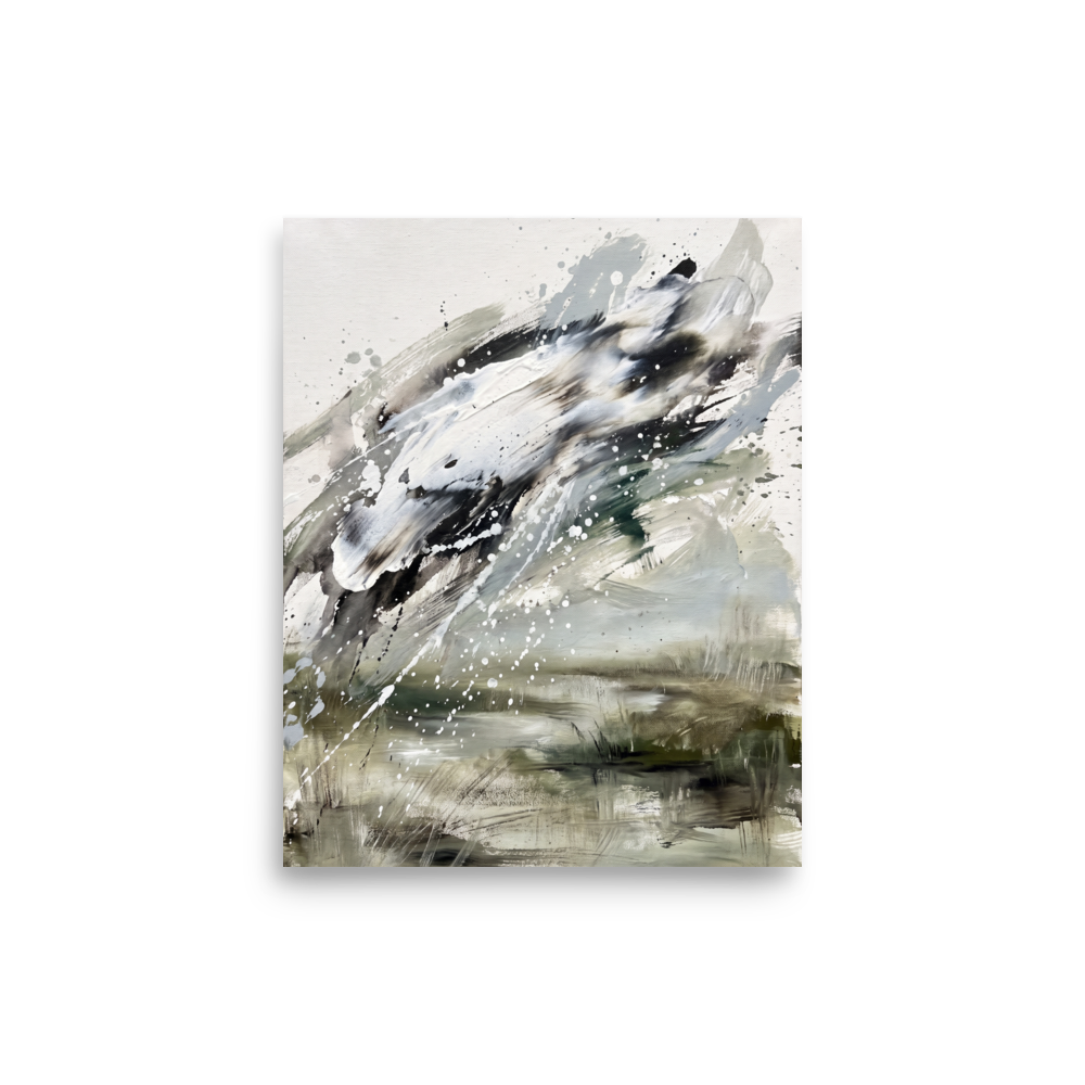 A chaotic scene in dark olive green and light slate gray, 'Tempest in Sage'. Dynamic abstract landscape print with impasto sage green and charcoal paint splatters styled in a modern living room.