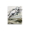 A chaotic scene in dark olive green and light slate gray, 'Tempest in Sage'. Dynamic abstract landscape print with impasto sage green and charcoal paint splatters styled in a modern living room.
