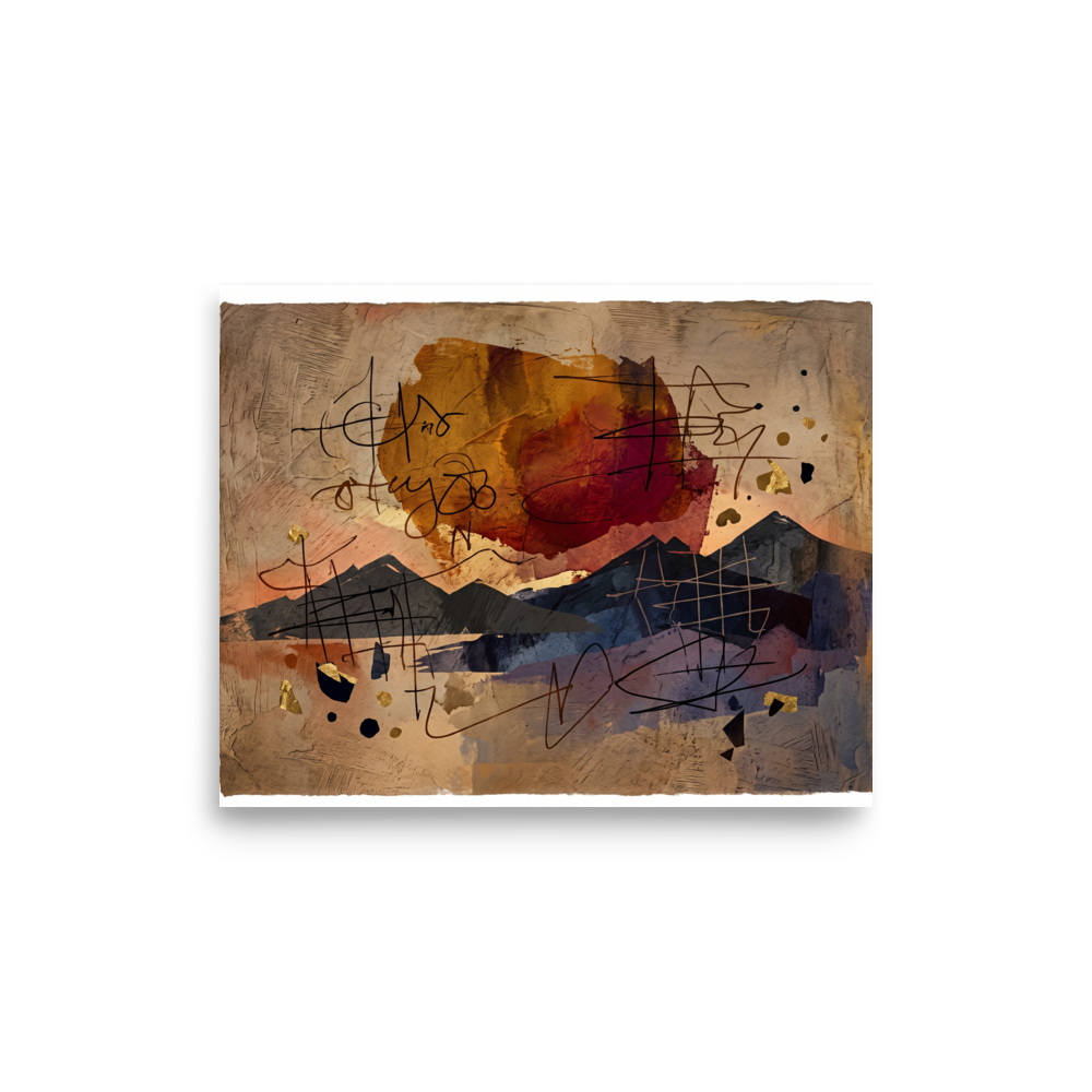 'Calligraphic Horizon'. Layered mountain silhouettes beneath a terracotta sun and delicate calligraphic lines on textured paper, making a serene focal point for an office. Offered as a Dau-al-Set print.