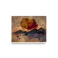 'Calligraphic Horizon'. Layered mountain silhouettes beneath a terracotta sun and delicate calligraphic lines on textured paper, making a serene focal point for an office. Offered as a Dau-al-Set print.