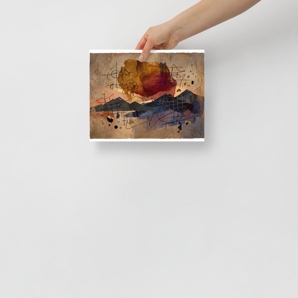 'Calligraphic Horizon', Dau-al-Set wall art in sienna and dark blue. Layered mountain silhouettes beneath a terracotta sun and delicate calligraphic lines on textured paper, making a serene focal point for an office.