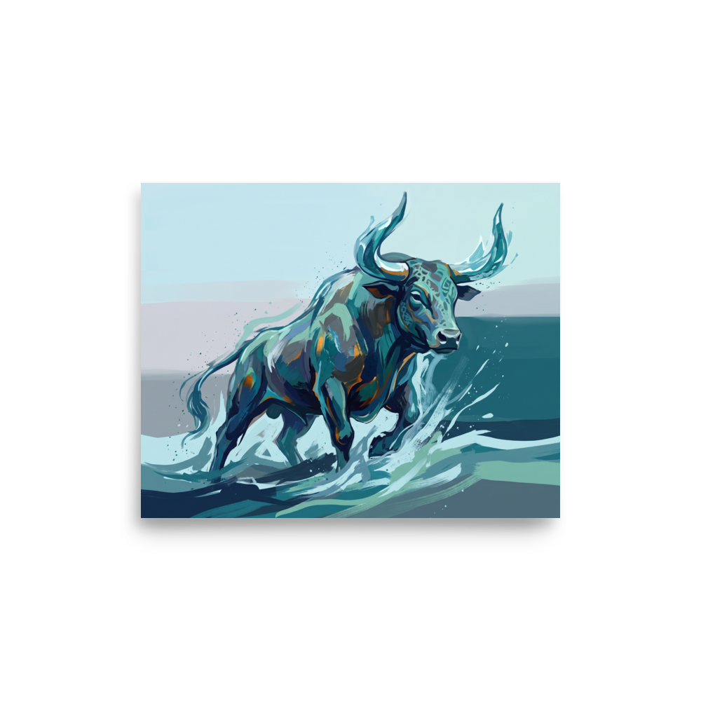 A lively / vibrant Expressionism print, 'The River Bull'. A stylized painting of a muscular bull charging through water in shades of teal and orange, perfect for an energetic Office.