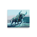 A lively / vibrant Expressionism print, 'The River Bull'. A stylized painting of a muscular bull charging through water in shades of teal and orange, perfect for an energetic Office.
