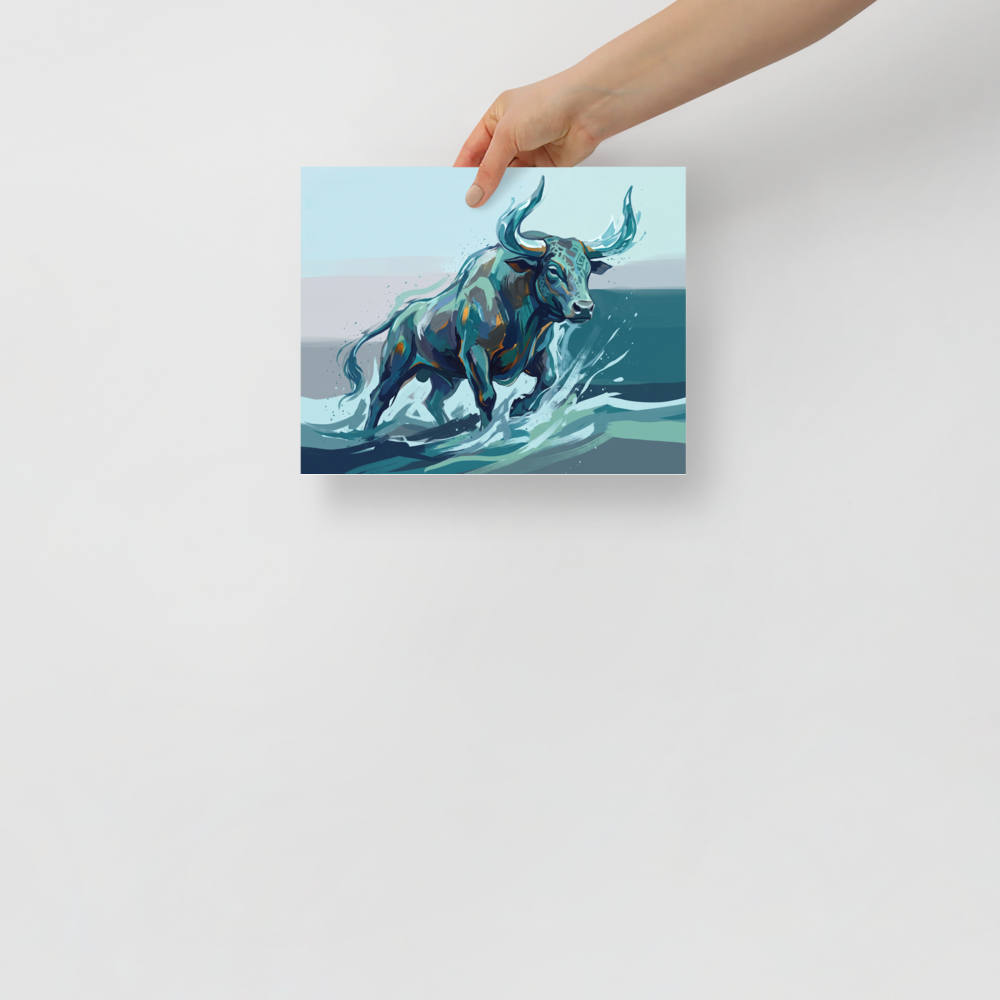 A stylized painting of a muscular bull charging through water in shades of teal and orange, perfect for an energetic Office. A Expressionism print with a digital art look, titled 'The River Bull'.