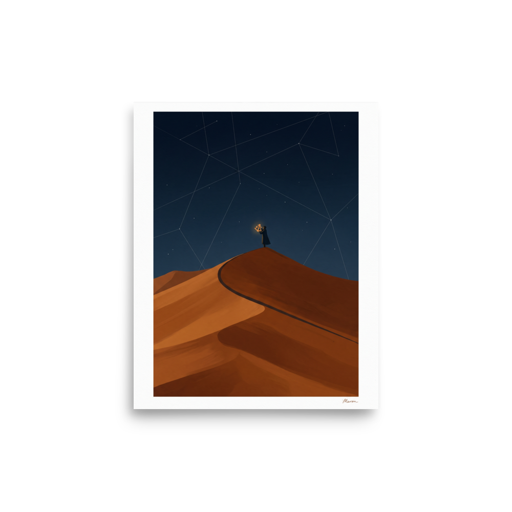 Minimalism wall art, 'The Desert Astronomer'. A lone figure on a desert dune raises a glowing sextant to a starry sky with constellation lines, suited for a bedroom.