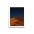 Minimalism wall art, 'The Desert Astronomer'. A lone figure on a desert dune raises a glowing sextant to a starry sky with constellation lines, suited for a bedroom.
