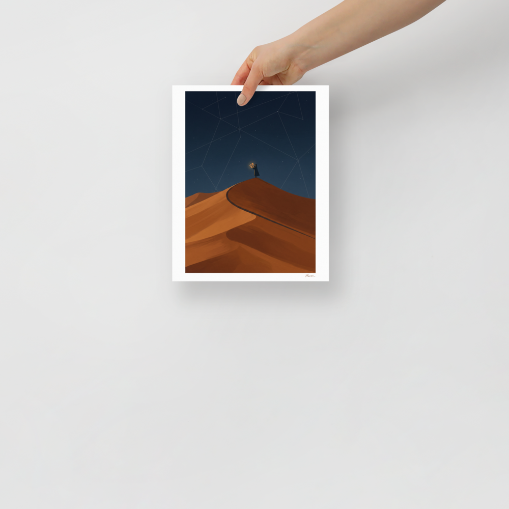 Fine art print 'The Desert Astronomer' in a Minimalism style. A lone figure on a desert dune raises a glowing sextant to a starry sky with constellation lines, suited for a bedroom.