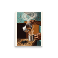 'The Artisan's Brew', Realism wall art in cadet blue and saddle brown. Hands pouring hot frothy coffee from a metal pitcher into a cup with swirling steam, ideal for a kitchen.