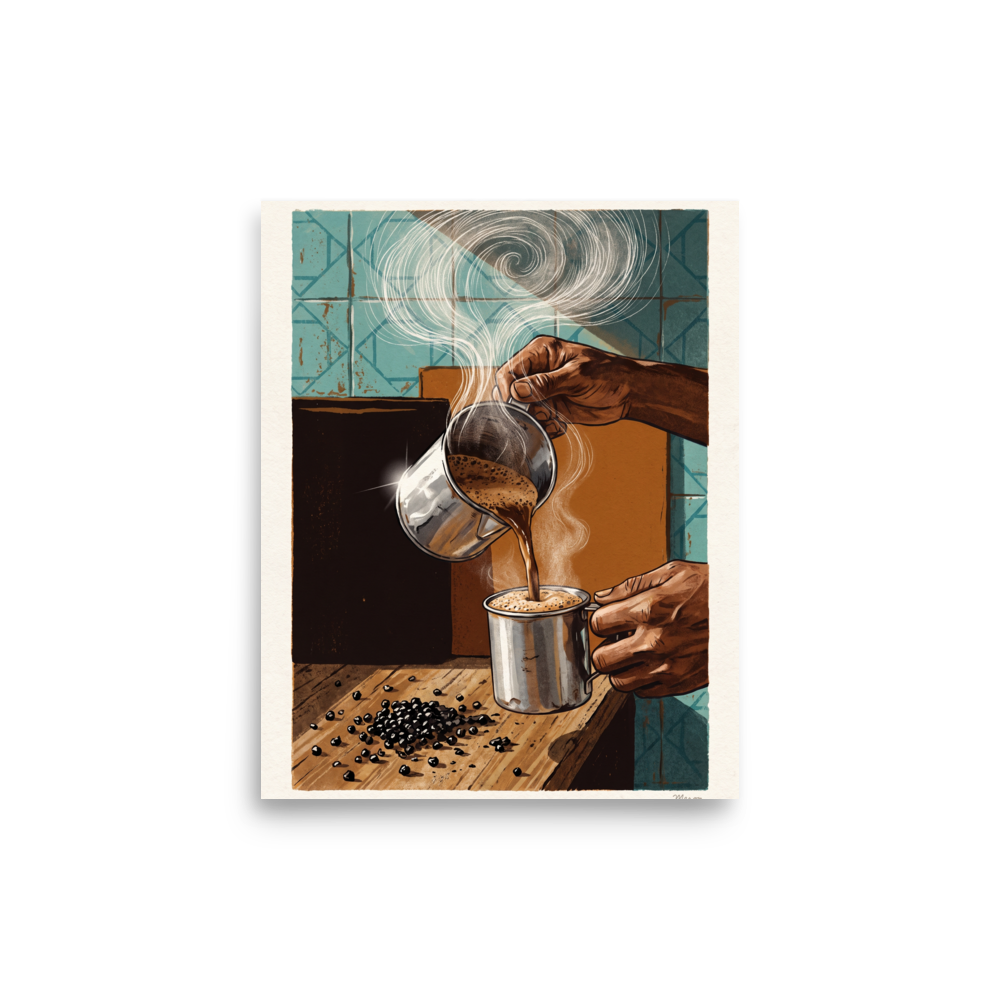 'The Artisan's Brew', Realism wall art in cadet blue and saddle brown. Hands pouring hot frothy coffee from a metal pitcher into a cup with swirling steam, ideal for a kitchen.