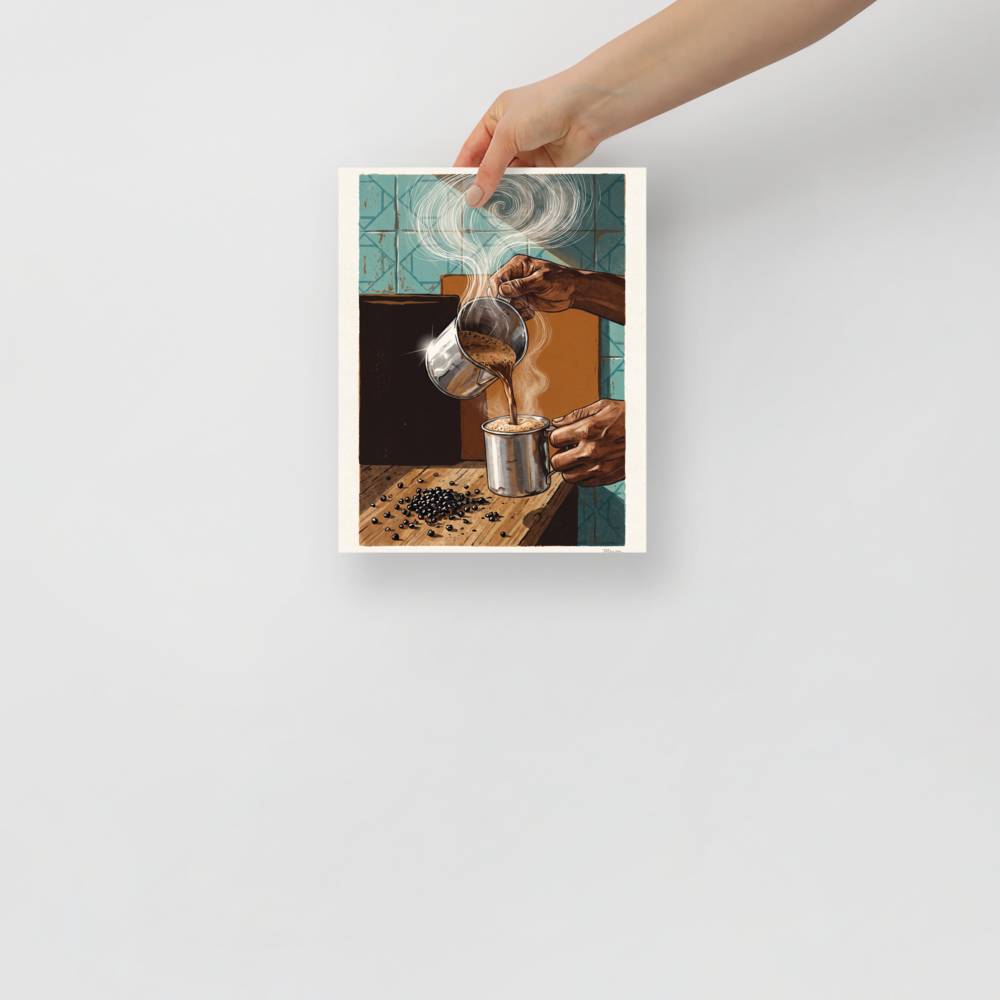A intimate / connectedness Realism print, 'The Artisan's Brew'. Hands pouring hot frothy coffee from a metal pitcher into a cup with swirling steam, ideal for a kitchen.