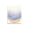 'Crescent Lullaby', Lyrical abstraction wall art in lavender and gold. A dreamy watercolor painting of a golden crescent moon holding lavender waves and musical notes, perfect for a cozy nursery.