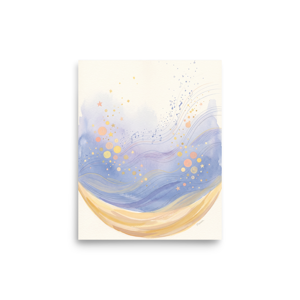 'Crescent Lullaby', Lyrical abstraction wall art in lavender and gold. A dreamy watercolor painting of a golden crescent moon holding lavender waves and musical notes, perfect for a cozy nursery.