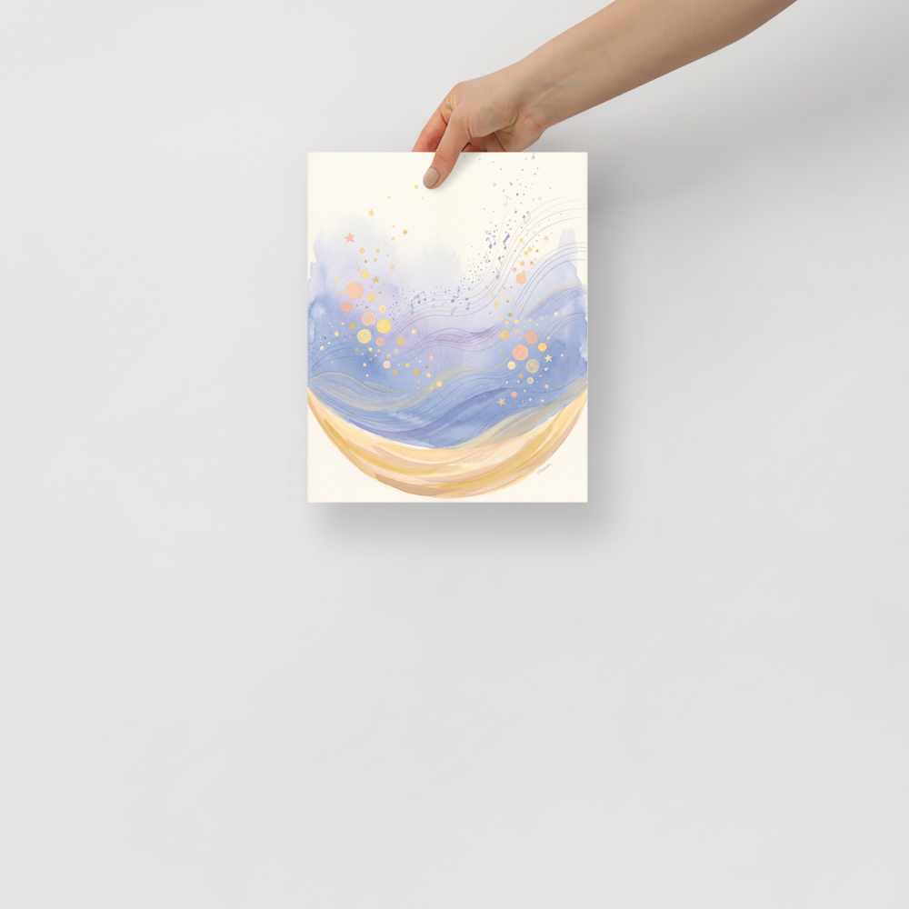 A dreamy Lyrical abstraction print, 'Crescent Lullaby'. A dreamy watercolor painting of a golden crescent moon holding lavender waves and musical notes, perfect for a cozy nursery.