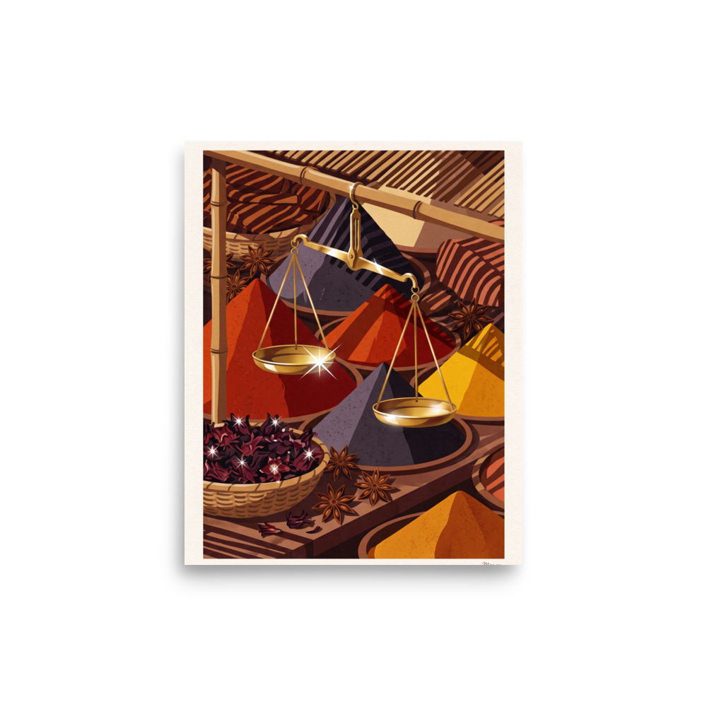 Wall art print 'Spice Merchant's Balance' in a Art Deco style. Stylized spice bazaar illustration with conical heaps of colorful spices and a brass balance scale, perfect for a kitchen.
