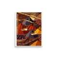 Wall art print 'Spice Merchant's Balance' in a Art Deco style. Stylized spice bazaar illustration with conical heaps of colorful spices and a brass balance scale, perfect for a kitchen.