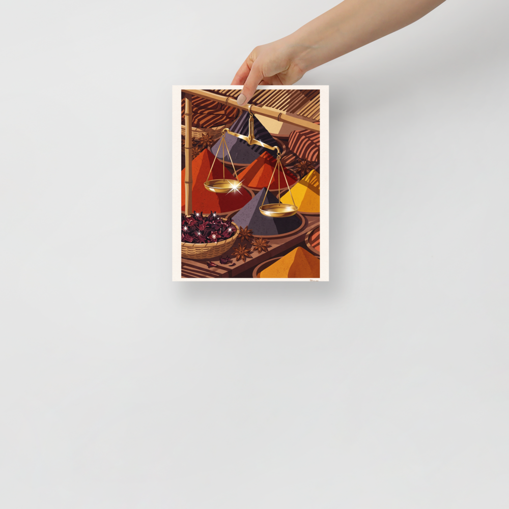 'Spice Merchant's Balance'. Stylized spice bazaar illustration with conical heaps of colorful spices and a brass balance scale, perfect for a kitchen. Offered as a Art Deco print.