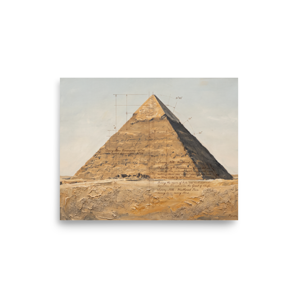 Realism wall art, 'Pyramid Survey Study'. An architectural field study of the Great Pyramid of Giza with survey lines and sand texture in an office wall art print.
