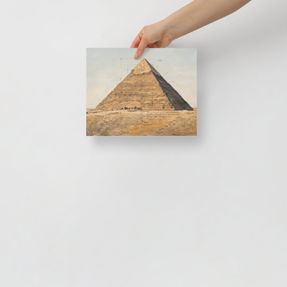 'Pyramid Survey Study', Realism wall art in tan and khaki. An architectural field study of the Great Pyramid of Giza with survey lines and sand texture in an office wall art print.