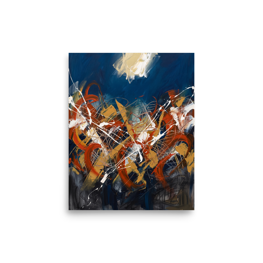 A striking abstract expressionist painting featuring midnight blue skies and violent orange and white paint splashes, suited for a living room. Shown here as the Abstract art print 'Midnight Tempest'.