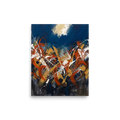 A striking abstract expressionist painting featuring midnight blue skies and violent orange and white paint splashes, suited for a living room. Shown here as the Abstract art print 'Midnight Tempest'.