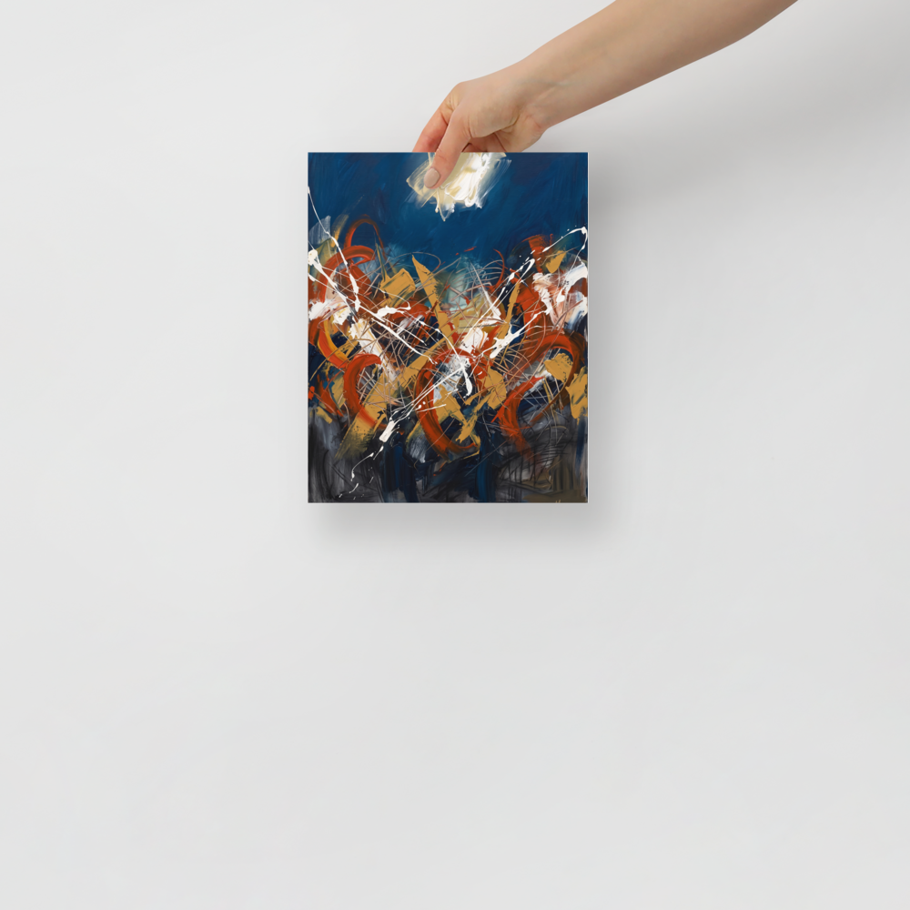 Abstract art wall art for the living room, 'Midnight Tempest'. A striking abstract expressionist painting featuring midnight blue skies and violent orange and white paint splashes, suited for a living room.