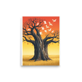 Symbolism wall art, 'The Sacred Roost'. A grand ancient tree with white egrets taking flight under an orange sunset sky, ideal for a living room.