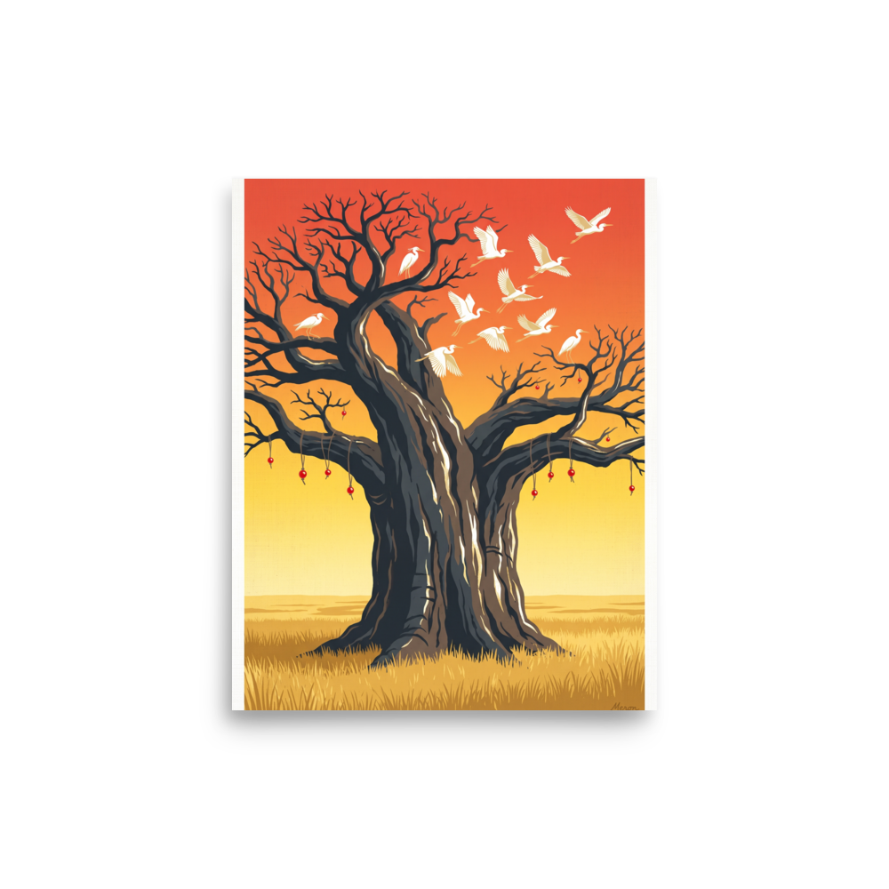Symbolism wall art, 'The Sacred Roost'. A grand ancient tree with white egrets taking flight under an orange sunset sky, ideal for a living room.