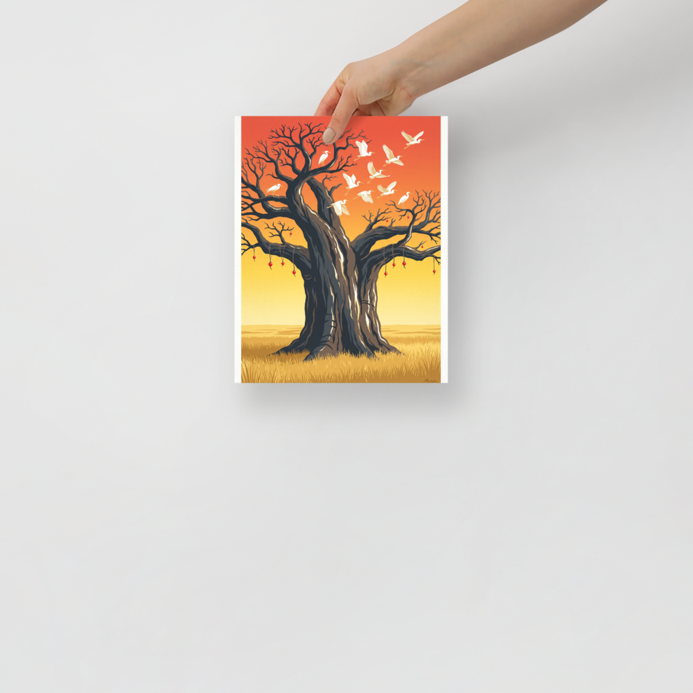 'The Sacred Roost', Symbolism wall art in orange and gold. A grand ancient tree with white egrets taking flight under an orange sunset sky, ideal for a living room.