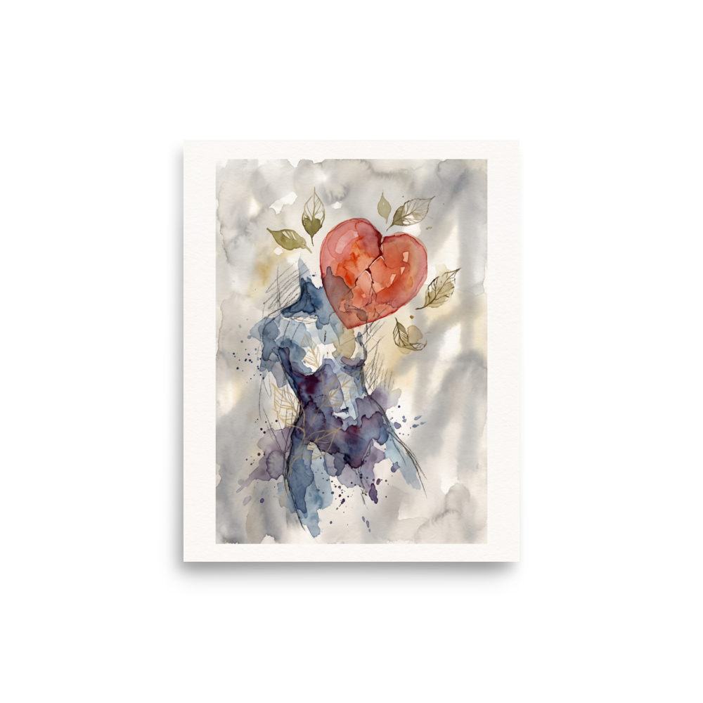 Symbolism wall art exploring romantic, 'Fractured Bloom'. An emotional watercolor painting showing an abstract female silhouette in blue washes with a floating fractured red heart surrounded by delicate leaves, perfect for a bedroom.