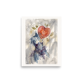 Symbolism wall art exploring romantic, 'Fractured Bloom'. An emotional watercolor painting showing an abstract female silhouette in blue washes with a floating fractured red heart surrounded by delicate leaves, perfect for a bedroom.