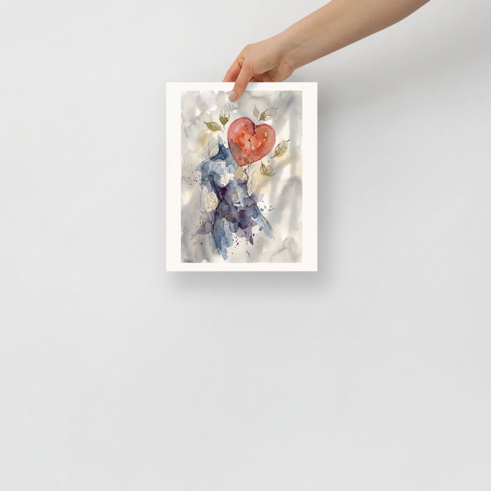 An emotional watercolor painting showing an abstract female silhouette in blue washes with a floating fractured red heart surrounded by delicate leaves, perfect for a bedroom. A Symbolism print in coral and indigo, 'Fractured Bloom'.